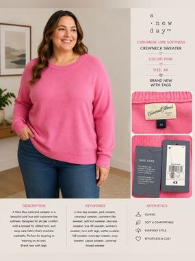 A New Day Pink Cashmere-Like Soft Crewneck Sweater Plus Size 4X NWT